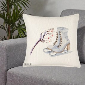 Perna Decorativa Patine cu Ramuri Inzapezite, 40x40 cm, Crem Reliefat, Husa Detasabila, Perna Inclusa, BEKZ®