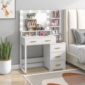 HOMCOM Masă de Machiaj Albă cu Oglindă, 4 Sertare și 6 Rafturi Deschise 100x40x138 cm | Aosom Romania