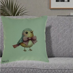 Perna Decorativa Pasare Bleu cu Fundita Roz, 40x40 cm, Verde, Husa Detasabila, Perna Inclusa, BEKZ®