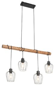 Lampă suspendată rurală, negru, cu lemn, cu 4 lumini - Stronk