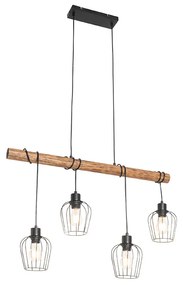 Lampă suspendată rustică neagră cu lemn 4 lumini - Stronk