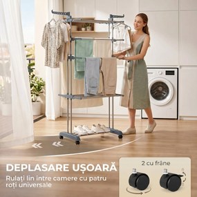 HOMCOM Suport de Uscat Rufe Pliabil cu 5 Niveluri, Uscător Vertical cu Roți, Gri | Aosom Romania