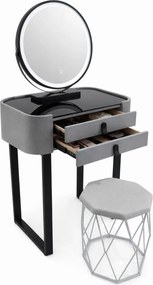 Set Bianca, Masă de toaletă pentru machiaj cu oglindă iluminată LED, control touch, taburet tapitat, 60x38x76 cm, Gri/Negru
