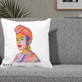 Perna Decorativa Portret Femeie Africana, 40x40 cm, Alba Mata, Husa Detasabila, Perna Inclusa, BEKZ®