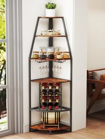 RVI5 - Rafturi Vin pentru colt, 42 cm, depozitare vin, raft stil industrial, bucatarie, living, dining - Negru - Maro