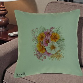 Perna Decorativa Buchet Cosmos Portocaliu Roz si Alb, 40x40 cm, Verde, Husa Detasabila, Perna Inclusa, BEKZ®