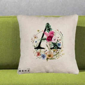Cadou Personalizat - Perna Personalizata Monogram Litera A cu Flori Acuarela, 40x40 cm, Bej Canapea, Husa Detasabila, Perna Inclusa, BEKZ®