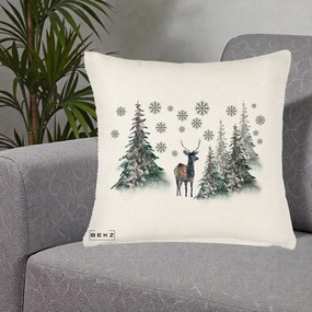 Perna Decorativa Ren in Padure Inzapezita, 40x40 cm, Crem Reliefat, Husa Detasabila, Perna Inclusa, BEKZ®
