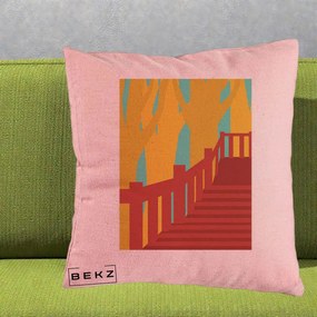 Perna Decorativa Scari Toamna Peisaj Grafic, 40x40 cm, Roz, Husa Detasabila, Perna Inclusa, BEKZ®