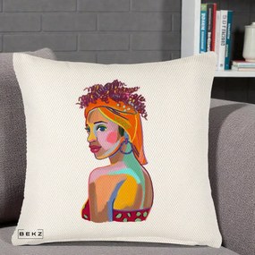 Perna Decorativa Portret Femeie Colorat Pop Art, 40x40 cm, Crem Reliefat, Husa Detasabila, Perna Inclusa, BEKZ®