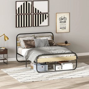 HOMCOM Pat dublu 140 x 190 cm, cadru de pat din oțel stil industrial, tăblie și somier incluse, aspect lemn | Aosom Romania