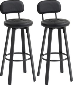 HOMCOM Set 2 scaune de bar, tapițerie din piele ecologică, șezut căptușit, suport pentru picioare, spătar, cadru metalic, Negru | Aosom Romania