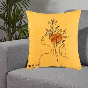 Perna Decorativa Portret Feminin Floare Portocalie Lateral, 40x40 cm, Galben, Husa Detasabila, Perna Inclusa, BEKZ®