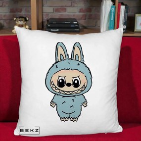 Perna Personalizata Labubu Albastru-Gri Solo, 40x40 cm, Alb Pufos, Husa Detasabila, Perna Inclusa, BEKZ®