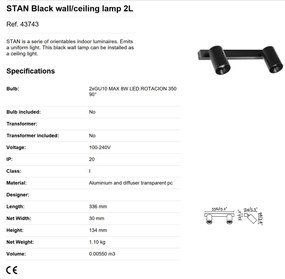 Aplica perete / tavan cu 2 spoturi directionabile design modern STAN 2L neagra