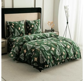 Set lenjerie cocolino GREEN CHRISTMAS verde + cearsaf Cocolino microplus cu elastic SOFT 180x200 cm alb, pat dublu