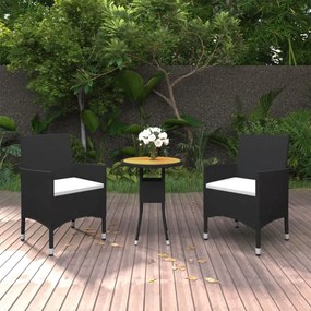 3095907 vidaXL Set bistro de grădină, 3 piese, negru, poliratan și lemn masiv