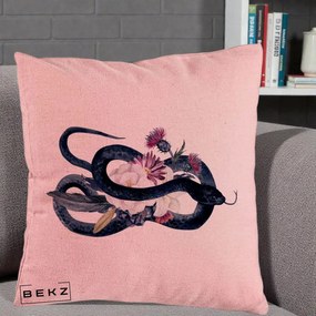 Perna Decorativa Sarpe Negru cu Flori Gothic, 40x40 cm, Roz, Husa Detasabila, Perna Inclusa, BEKZ®
