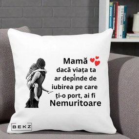 Cadou pentru Mama - Perna Personalizata Mama Nemuritoare Gravura Vintage, 40x40 cm, Alba Mata, Husa Detasabila, Perna Inclusa, BEKZ®