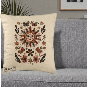 Perna Decorativa Soare Boho Folk Fluturi, 40x40 cm, Bej, Husa Detasabila, Perna Inclusa, BEKZ®