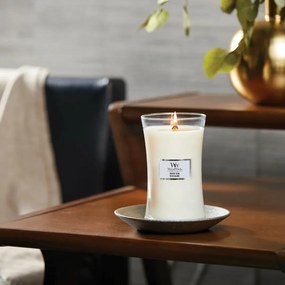 Lumânare parfumată vază mare WoodWick White Teak, 609 g