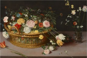 Tablou - Jan Brueghel the Elder, Flowers in a Basket and a Vase, reproducere (90x60 cm)