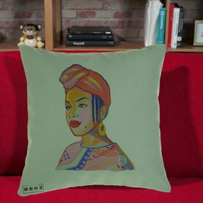 Perna Decorativa Portret Femeie Africana, 40x40 cm, Verde, Husa Detasabila, Perna Inclusa, BEKZ®