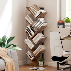 HOMCOM Bibliotecă în formă de copac cu 9 niveluri, corp de depozitare industrial cu cadru din oțel, 50x24x136cm, Maro rustic | Aosom Romania