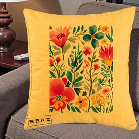 Perna Decorativa Gradina Florala Acuarela Colorata, 40x40 cm, Galben, Husa Detasabila, Perna Inclusa, BEKZ®