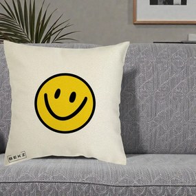 Perna Decorativa Smiley Face Galben Clasic, 40x40 cm, Ecru, Husa Detasabila, Perna Inclusa, BEKZ®