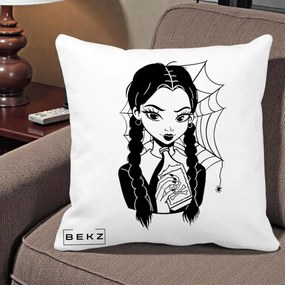 Perna Personalizata Wednesday cu Panza de Paianjen, 40x40 cm, Alba Mata, Husa Detasabila, Perna Inclusa, BEKZ®