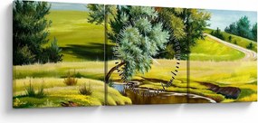 Tablou - Râu între câmpii, pictură în ulei (cu ceas) (90x30 cm)