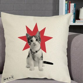 Perna Decorativa Pisica Star Pop Art, 40x40 cm, Ecru, Husa Detasabila, Perna Inclusa, BEKZ®