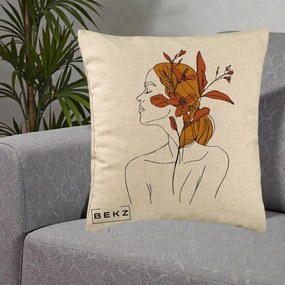 Perna Decorativa Portret Feminin Crin Ruginiu Auriu, 40x40 cm, Bej, Husa Detasabila, Perna Inclusa, BEKZ®