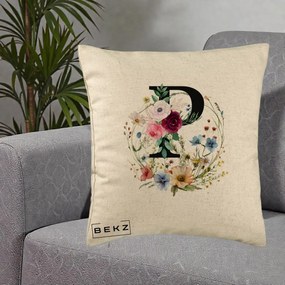 Cadou Personalizat - Perna Personalizata Monogram Litera P cu Flori Acuarela, 40x40 cm, Bej, Husa Detasabila, Perna Inclusa, BEKZ®