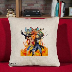 Perna Personalizata One Piece Echipa Straw Hat in Flacari, 40x40 cm, Bej Canapea, Husa Detasabila, Perna Inclusa, BEKZ®