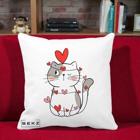 Perna Decorativa Pisica Kawaii cu Inimi, 40x40 cm, Alba Mata, Husa Detasabila, Perna Inclusa, BEKZ®