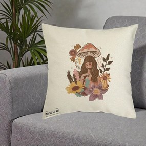 Perna Decorativa Fata Ciuperca Boho Florala, 40x40 cm, Ecru, Husa Detasabila, Perna Inclusa, BEKZ®