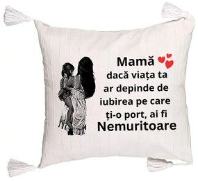 Perna Decorativa cu Franjuri, Model pentru Mama 1, 45x45 cm, Ecru, Cu fermoar