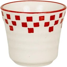 Cană din ceramică artizanală, natur, cu model pătrat pictat manual în roșu și bordură decorativă, fără mâner, 7,3 × 6,5 cm, „Marion Square"