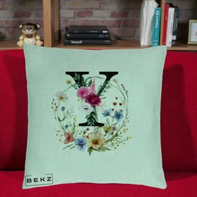 Cadou Personalizat - Perna Personalizata Monograma Florala Litera Y cu Coroana, 40x40 cm, Verde Menta, Husa Detasabila, Perna Inclusa, BEKZ®