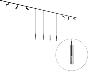 Sistem de iluminat pe șină modern negru cu 6 spoturi și 4 lumini suspendate monofazate - Slimline Uzzy Loyce