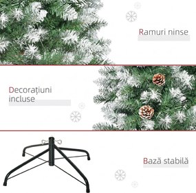 HOMCOM Brad de Crăciun Înzăpezit cu 630 Ramuri și 37 Conuri, Brad Artificial cu Bază Detașabilă, Ø75x180 cm, Verde | Aosom Romania