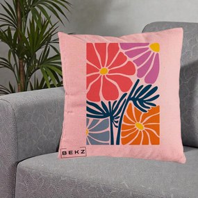 Perna Decorativa Flori Grafice Roz-Orange-Albastru, 40x40 cm, Roz, Husa Detasabila, Perna Inclusa, BEKZ®
