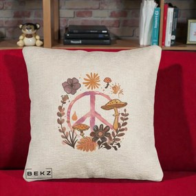 Perna Decorativa Peace Ciuperci Boho, 40x40 cm, Bej Canapea, Husa Detasabila, Perna Inclusa, BEKZ®