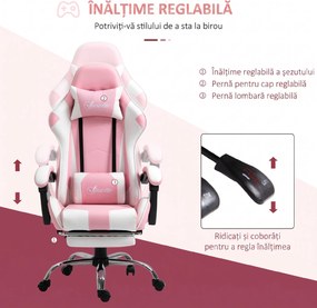 Vinsetto Scaun Gaming Ergonomic Reclinabil cu Tetieră, Pernă Lombară, Înălțime Reglabilă, Roz și Alb | Aosom Romania