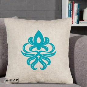 Perna Decorativa Ornament Turcoaz Fleur de Lis, 40x40 cm, Bej Canapea, Husa Detasabila, Perna Inclusa, BEKZ®