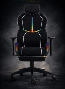 LUMINA X-Motion Pro –Scaun Gaming & Office Premium cu LED RGB, Masaj Lombar, Translație Șezut și Suport pentru Picioare – Confort Inteligent și Design Spectaculos, Textil, Negru/Alb