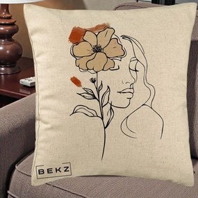 Perna Decorativa Portret Feminin Floare Bej Terracotta, 40x40 cm, Bej, Husa Detasabila, Perna Inclusa, BEKZ®