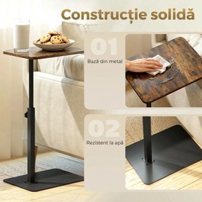 HOMCOM Măsuță laterală în formă de C, reglabilă pe înălțime, pentru canapea și pat, metal, maro rustic | Aosom Romania